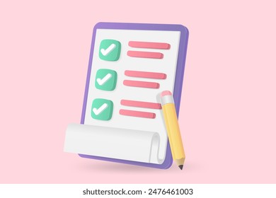 3d white clipboard task management todo check list with pencil, fast work on project plan, efficient work on project plan, fast progress, level up concept, assignment and exam checklist icon.