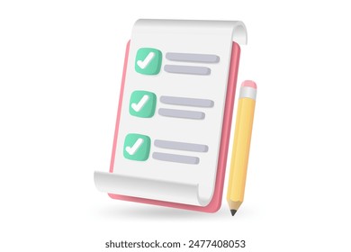 3d white clipboard task management todo check list with pencil, fast work on project plan, efficient work on project plan, fast progress, level up concept, assignment and exam checklist icon.