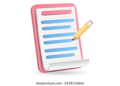 3d white clipboard task management todo check list with pencil, fast work on project plan, efficient work on project plan, fast progress, level up concept, assignment and exam checklist icon.