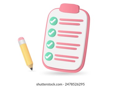 3d white clipboard task management todo check list with pencil, fast work on project plan, efficient work on project plan, fast progress, level up concept, assignment and exam checklist icon.