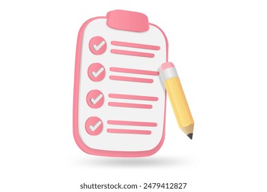 3d white clipboard task management todo check list with pencil, fast work on project plan, efficient work on project plan, fast progress, level up concept, assignment and exam checklist icon.