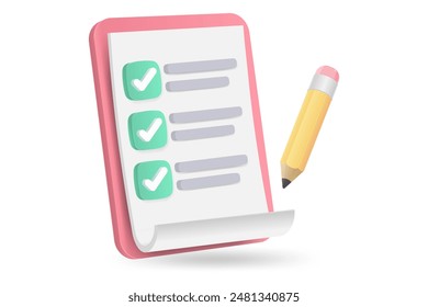 3d white clipboard task management todo check list with pencil, fast work on project plan, efficient work on project plan, fast progress, level up concept, assignment and exam checklist icon.