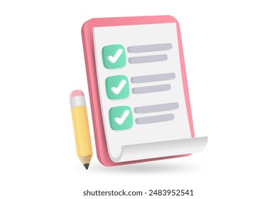 3d white clipboard task management todo check list with pencil, fast work on project plan, efficient work on project plan, fast progress, level up concept, assignment and exam checklist icon.