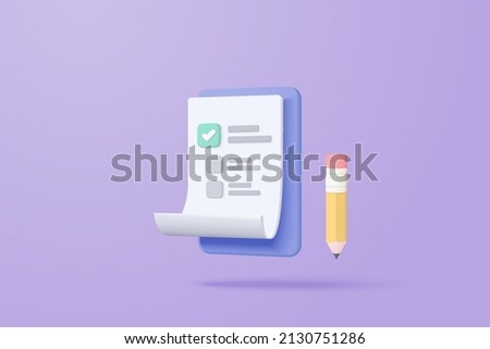 3d white clipboard task management todo check list with pencil, efficient work on project plan, progress level up concept, assignment and exam checklist icon. 3d vector render on purple background