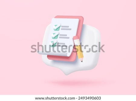 3d white clipboard task management todo check list, assignment and exam checklist  with pencil icon, efficient work on project plan, fast progress, level up concept. 3d todo check icon vector render