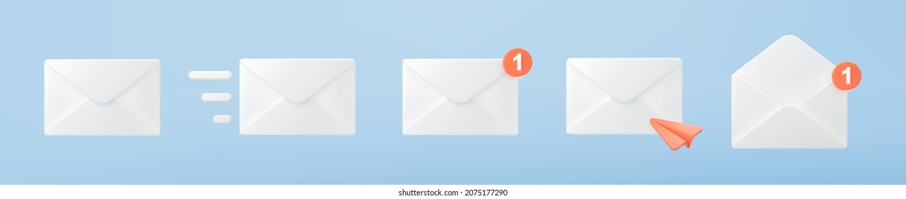 3d White Closed Mail Envelope Icon Set With Orange Marker New Message Isolated On Blue Background. Render Email Notification With Letters, Check Mark, Paper Plane Icons. 3d Realistic Vector