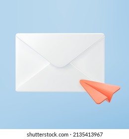 3d white closed mail envelope icon with orange paper plane isolated on blue background. Render new unread email notification. 3d realistic minimal vector