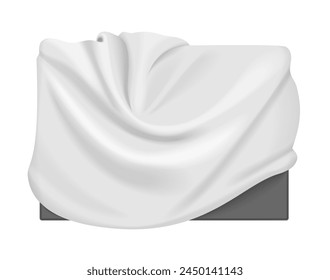 3D white cloth cover on box, podium or pedestal covered with silk fabric vector illustration