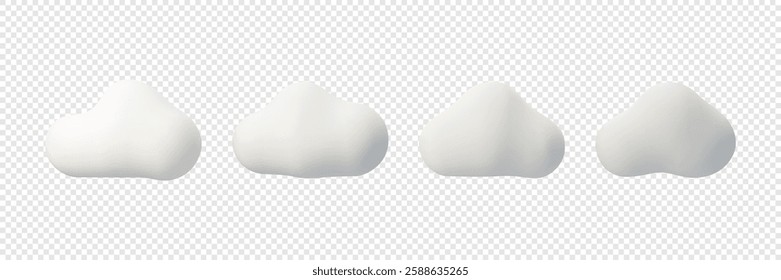 3D white cloud. Collection of various forms of soft and fluffy clouds. Isolated vector illustration in 3D realistic plastic style.