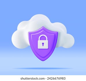 3D White Cloud with Locked Padlock. Render Cloud with Pad Lock Icon. Concept of Cloud Data Protection, Security and Confidentiality. Safety, Encryption and Privacy. Vector Illustration