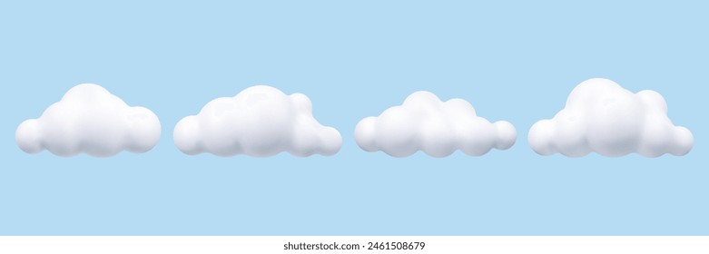 3D white cloud set, in the blue sky. Cartoon cute clouds in bubble shape. Plasticine 3d weather icons, render style. Trendy fluffy clouds. Vector illustration.