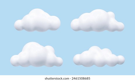 3D white cloud set, in the blue sky. Cartoon cute clouds in bubble shape. Plasticine 3d weather icons, render style. Trendy fluffy clouds. Vector illustration.