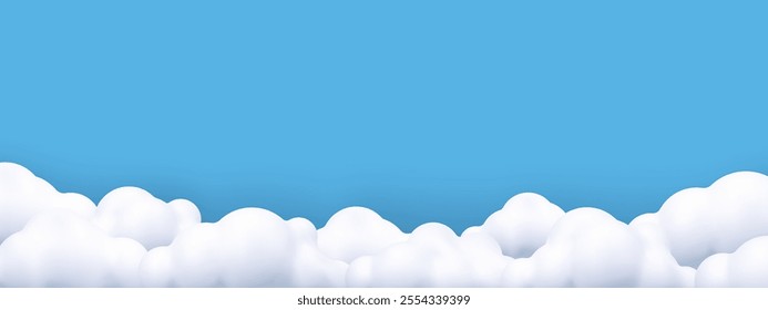 3D white clouds background. Cute clouds in bubble shape. Plasticine 3d render style. Trendy fluffy clouds on a blue background. Vector illustration.