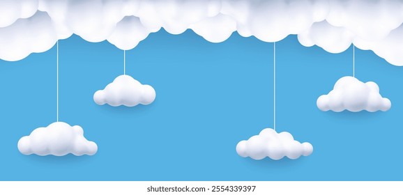 3D white clouds, in the blue sky. Cartoon cute clouds on strings in bubble shape. Plasticine 3d render style. Trendy fluffy clouds. Vector illustration.