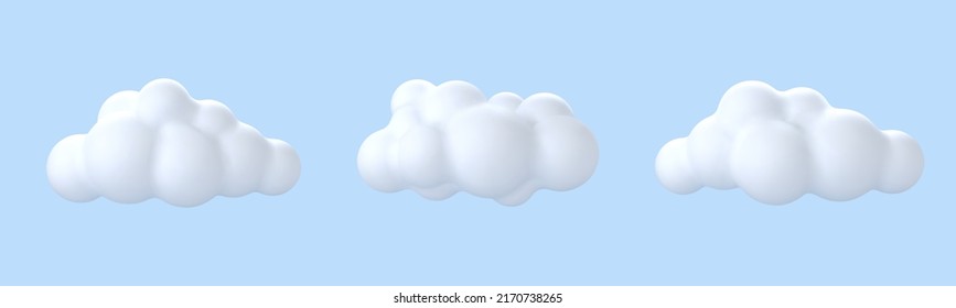 Nubes blancas en 3D aisladas de fondo azul.  Iconos de la nube de dibujos animados redondos. Ilustración vectorial 3d.