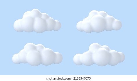 3D white clouds isolated on blue background.  Round cartoon cloud icons. Vector 3d illustration.