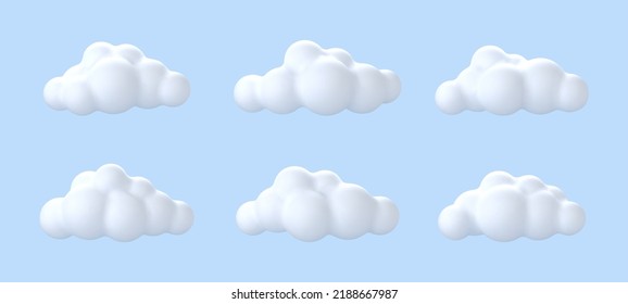 3D-weiße Wolken einzeln auf blauem Hintergrund. Zeichentrickwolken-Symbole gesetzt. Vektorgrafik 3D