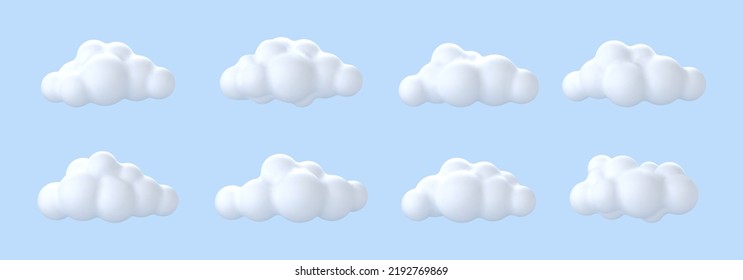 3D white clouds isolated on blue background. Cartoon cloud icons set. Vector 3d illustration