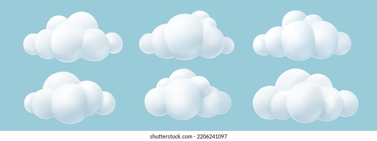 3D white clouds isolated on blue background. Render soft round cartoon fluffy clouds icon.