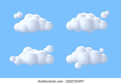 Nubes blancas 3D. El dibujo animado suave y redondo fluctúa los iconos de la nube aislados en el fondo azul. Ilustración vectorial 3d en estilo de caricatura
