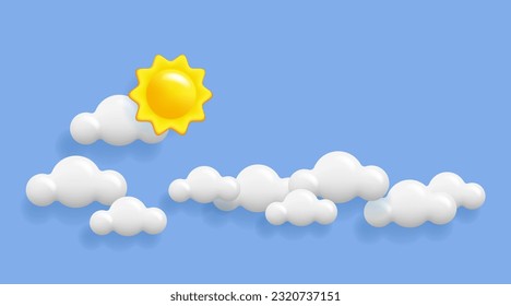 3D white clouds and yellow sun in the sky. Weather background with 3d vector objects