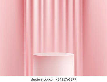 3D White Color Podium with Pink Curtain on Pink Wall Background, Luxury Style Product Display Mockup for Showroom Showcase