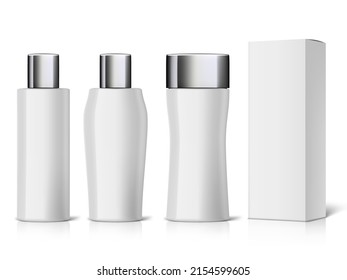 3D White Cosmetic Shampoo Bottle And Package Box. EPS10 Vector