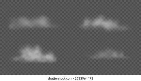 3d white cotton clouds, floating smoke, mist. Vector illustration. Set of various semi transparent steam clouds, haze isolated on transparent background