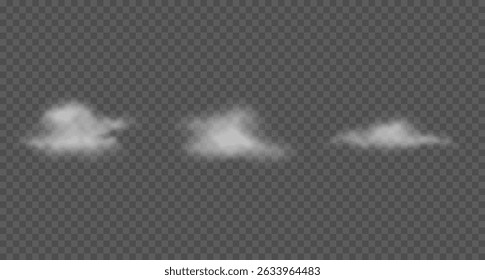 3d white cotton clouds, floating smoke, mist. Vector illustration. Set of various semi transparent steam clouds, haze isolated on transparent background