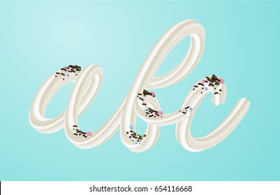 3D white cream alphabet with sprinkles on turquoise background. Birthday party font. Good for Banners, packaging design. 