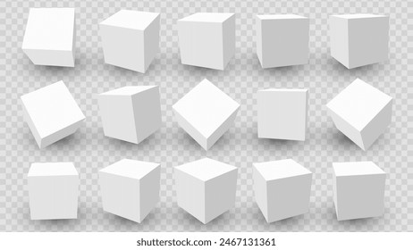 3D White Cube Blocks on Transparent Background. 3D Perspective White Boxes. Vector Illustration for Your Design.