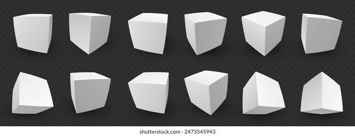 3D White Cube Blocks With Wide Lens Fisheye Effect Perspective on Transparent Background. 3D Perspective White Boxes. Vector Illustration for Your Design.