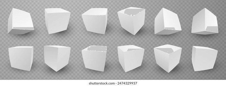 3D White Cube Blocks With Wide Lens Fisheye Effect Perspective on Transparent Background. 3D Perspective White Boxes. Vector Illustration for Your Design.