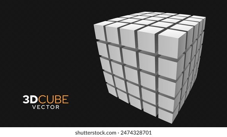 3D White Cube of Cubes in Perspective. Flying Cubes On A Transparent Background. Vector Illustration For Advertising. 
