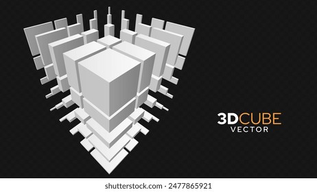 Cubo blanco 3D de cubos en Perspectiva. Cubos Voladores Sobre Un Fondo Transparente. Ilustración vectorial Para Publicidad.