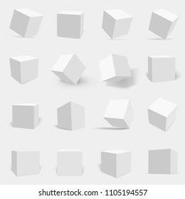 3d white cube set. Three dimensional solid object with six square surfaces, geometric poster. Realistic light blocks in different positions.  Vector flat style illustration.