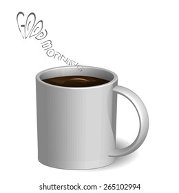  3d white cup of coffee isolated on white with good morning steam shape