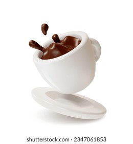 3D White Cup mit Hot Coffee Splash Cartoon Stil. Vektorgrafik des Falling Ceramic Mug mit Espresso