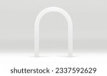 3d white curved arch minimalist geometric shape mock up for cosmetic product show vector illustration. Realistic neutral archway geometry stand studio background for commercial promo advertising