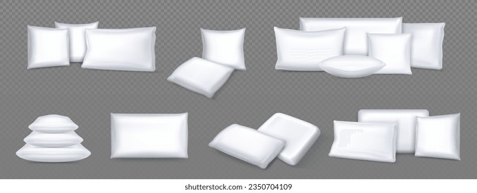 3d white cushion isolated realistic vector mockup. Square sofa shape feather pillow to sleep illustration. Cozy inflatable pillowcase mock up template icon set. Rectangle fabric interior product stack