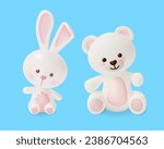 3d White Cute Teddy Bear and Funny Bunny Toys Cartoon Style on a Blue Background. Vector illustration of Baby Bear and Rabbit