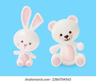 3d White Cute Teddy Bear and Funny Bunny Toys Cartoon Style on a Blue Background. Vector illustration of Baby Bear and Rabbit