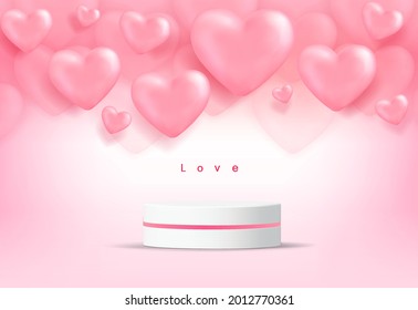 3D white cylinder pedestal podium with realistic pink balloons shape heart wall scene. Modern vector rendering geometric platform for product display presentation. background Vector symbols of love 