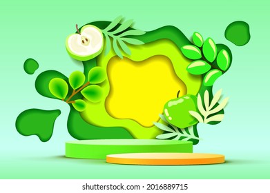 3D white cylinder pedestal podium with Paper cut style illustrator elements of fruit on background.