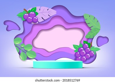 3D white cylinder pedestal podium with Paper cut style illustrator elements of fruit on background.