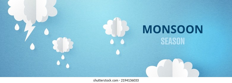 3D white cylinder pedestal podium and cloud on blue background. Rainy season, Paper cut of monsoon sale banner template. Vector illustration.