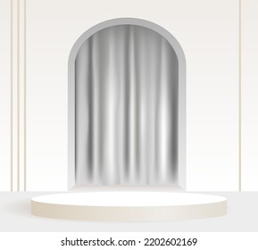 3D white cylinder pedestal podium with arch shape backdrop and curtains. Abstract pastel color minimal wall scene. Vector rendering 3d shape, cosmetic product display presentation.