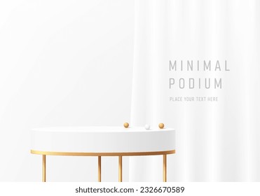 3D white cylinder pedestal podium background with golden legs and white silk fabric curtain wall scene. Minimal mockup or product presentation, Stage showcase. 3D abstract vector geometric platforms.