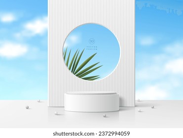 3D white cylinder pedestal podium background with palm leaf and cloud, blue sky wall scene. Abstract minimal mockup or product display presentation, Stage showcase. Platforms vector geometric design.