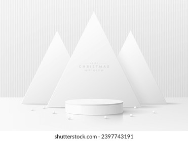 3D white cylinder pedestal podium background with white christmas tree in triangle shape. Mockup product display presentation. Abstract minimal scene. Stage showcase. Platforms vector geometric design